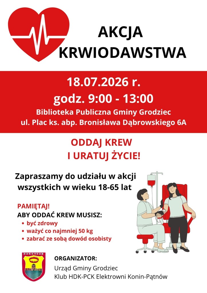 Akcja krwiodawstwa w Grodźcu – oddaj krew i uratuj życie! - plakat