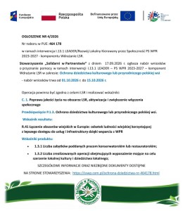 Stowarzyszenie „Solidarni w Partnerstwie” z dniem 17.09.2026 r. ogłasza nabór wniosków o przyznanie pomocy w ramach interwencji I.13.1 LEADER - plakat
